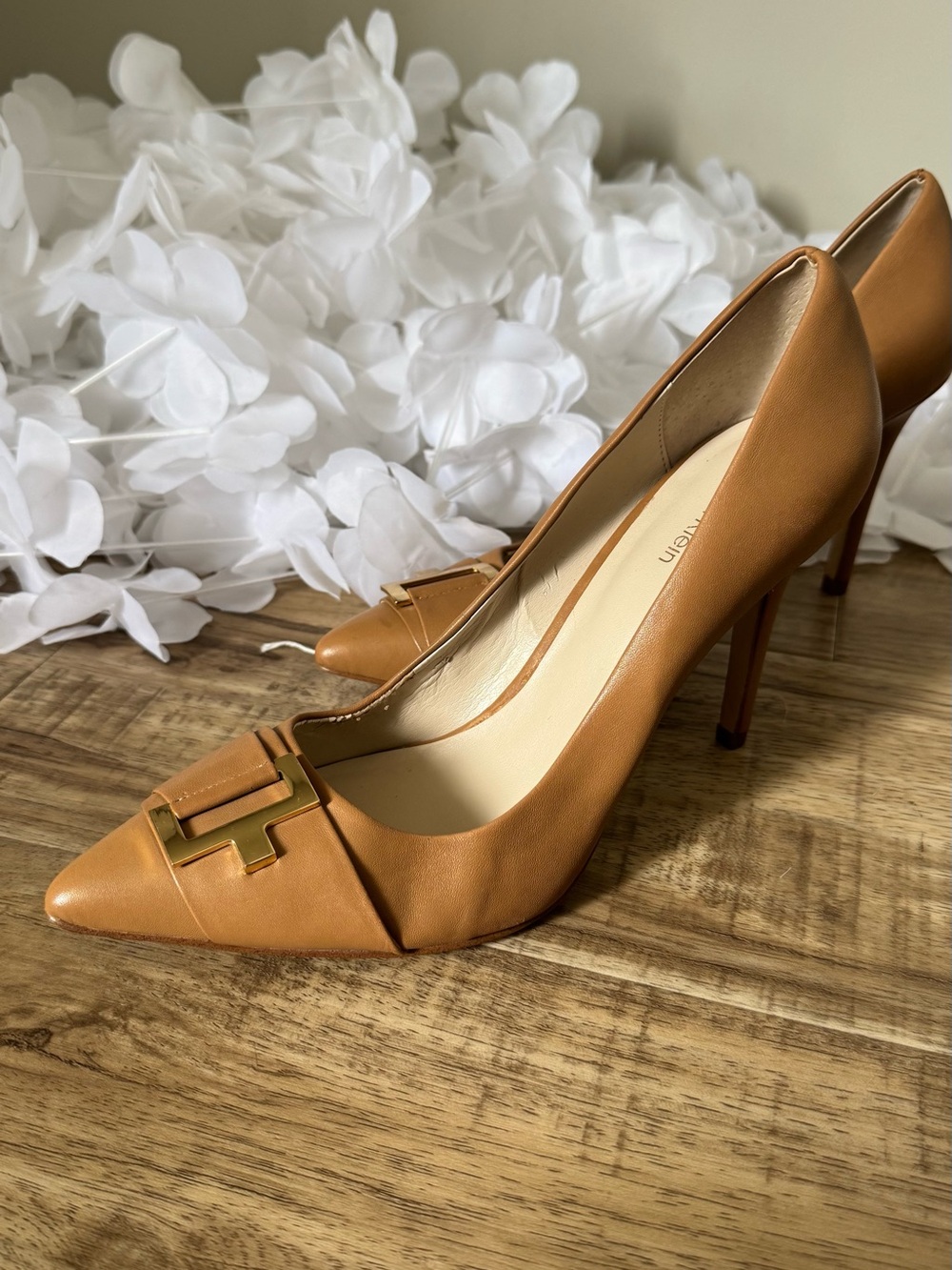 Calvin Klein Tan Leather Pointed Toe Pumps with Gold Buckle